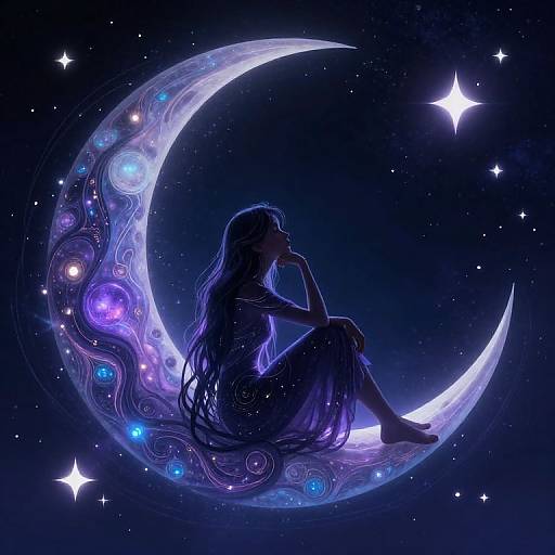 Silhouetted figure with long hair sits on a glowing, starry crescent moon in a dark, cosmic night sky. Digital art.