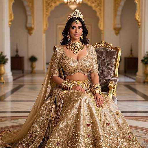 Photograph of an Indian bride with dark hair, wearing a gold embroidered lehenga, jeweled necklace, and tiara, seated on an ornate