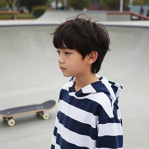 Photograph of a young Asian boy with messy black hair, wearing a black-and-white striped shirt, standing beside a skateboard in an empty concrete skatepark