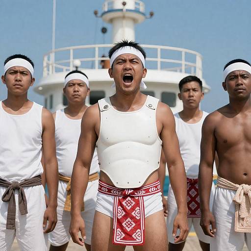 Group of Men in Traditional Attire on Ship Deck