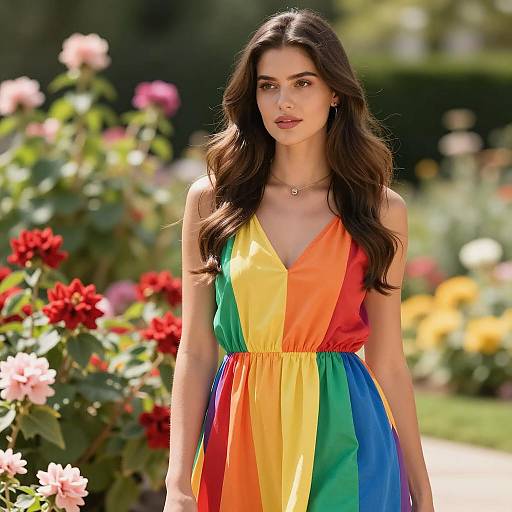 Young Woman in Rainbow Dress in Garden