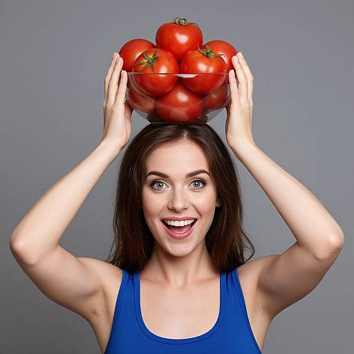 Photograph of a smiling woman with fair skin and long brown hair, wearing a blue tank top, balancing a bowl of red tomatoes on her head against