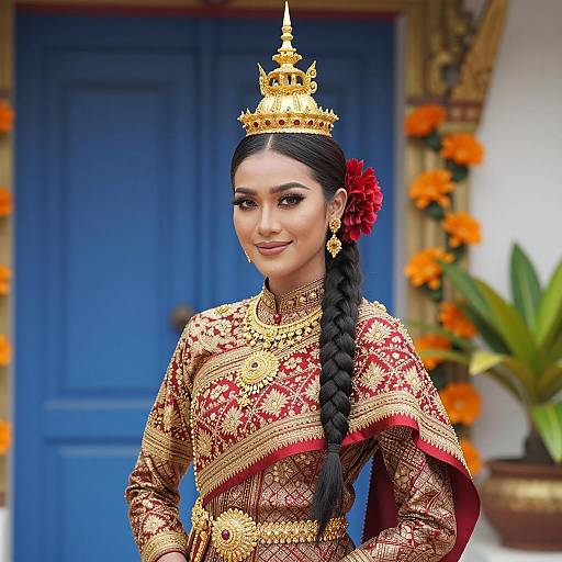 Woman in Traditional Thai Dress with Gold Crown