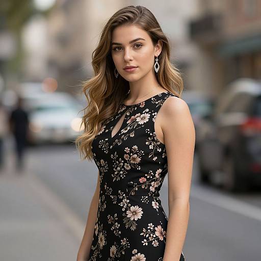 Photograph of a young woman with long wavy brown hair, wearing a sleeveless black floral dress, standing on a blurred urban street.