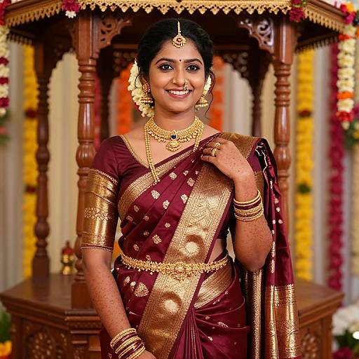 Photograph of a smiling Indian bride in a maroon and gold saree, adorned with traditional jewelry, standing in a decorated wooden pavilion.