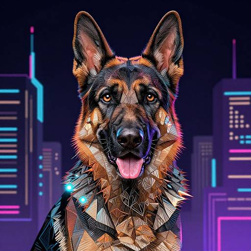 Digital artwork of a German Shepherd with neon-colored fur, tongue out, set against a glowing, cyberpunk cityscape of blue and pink lights.