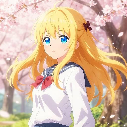 Anime Girl in Cherry Blossom Garden