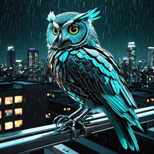 Biomechanical Owl on Urban Rooftop at Night Biomechanical Owl on Urban Rooftop at Night