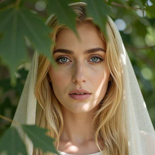 Photograph of a blonde woman with blue eyes, wearing a sheer white veil, surrounded by green leaves, looking directly at the camera.