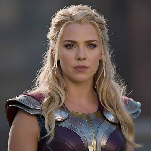 Photograph of a blonde woman with wavy hair, wearing silver and purple armored chest plates, staring intensely forward, with a blurred dark background.