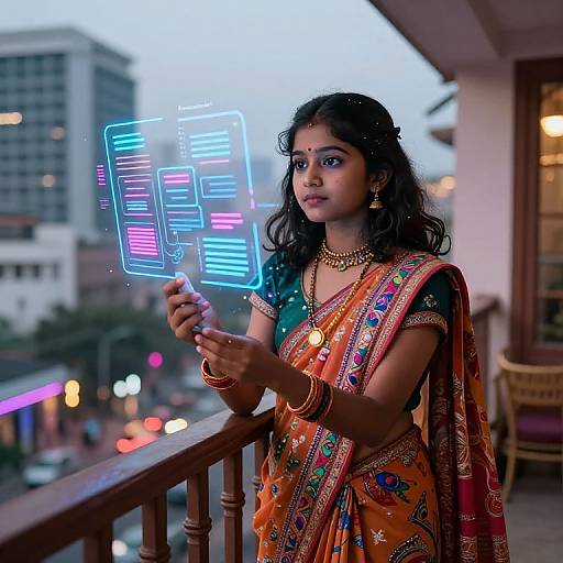 Photograph of a young Indian woman in a vibrant orange saree with colorful patterns, holding neon-lit cards, standing on a balcony at dusk,