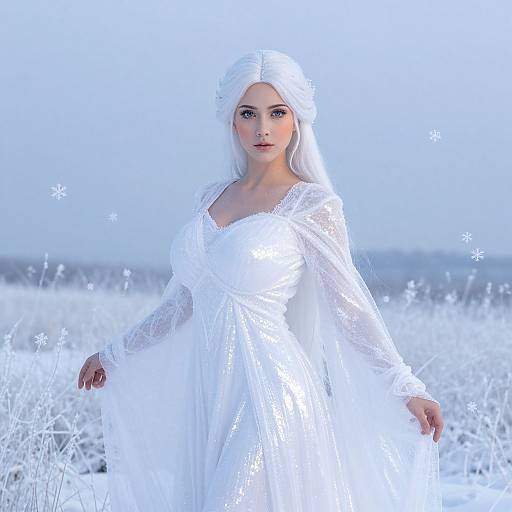 Photograph of a white-haired woman in a glowing white dress standing in a snowy field, surrounded by illuminated snowflakes, with a blue sky background