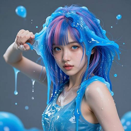 Digital artwork of a young Asian woman with blue, wet, and dripping hair, wearing a blue tank top, against a gray background.