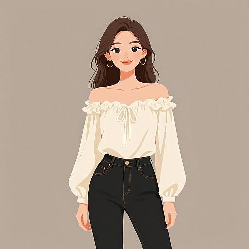 Digital illustration of a smiling woman with long brown hair, wearing a white off-shoulder blouse and black high-waisted jeans.
