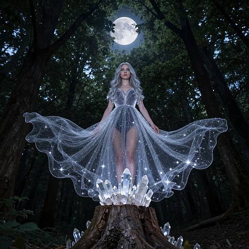 Photograph of a silver-haired woman in a sparkling, flowing gown standing on a tree, surrounded by glowing crystals, under a full moon in a dark