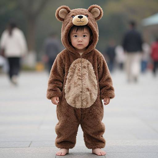 Photograph of a young Asian boy standing barefoot in a brown bear onesie with a cute bear face hood, in a blurred urban park setting.