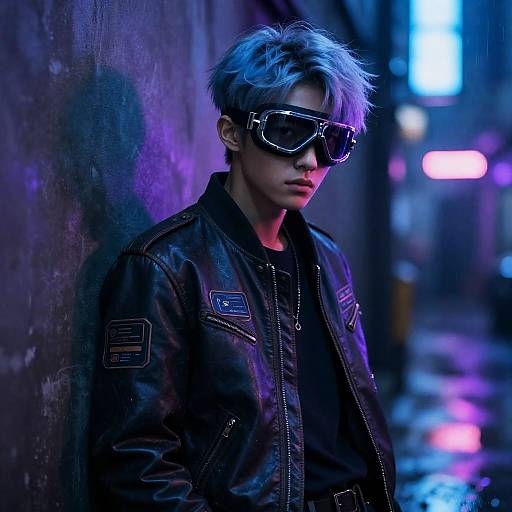 Cyberpunk Teen with Silver-Blue Hair in Neon Alley