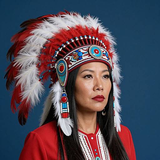 Photograph of an Asian woman with long black hair, wearing a vibrant red and white Native American-style headdress with feathers, beaded details, and