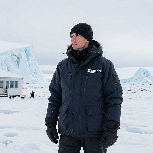 Photograph of a man in black winter gear, black beanie, and gloves, standing in snowy Arctic landscape with a small white building in the background