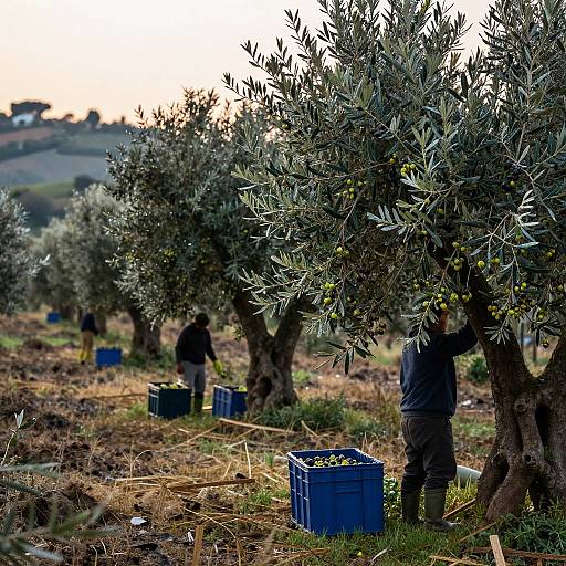 Photograph of olive grove at sunset; silhouetted workers in dark clothes pick olives, blue crates under silver-leaved trees, dry