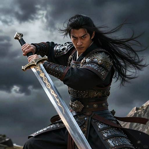 Photograph-style digital art of a fierce, dark-haired samurai with intense expression, holding a glowing, ornate sword against a stormy sky.