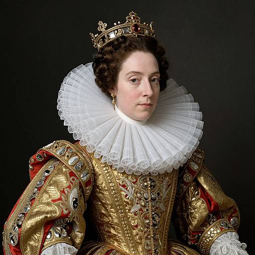 Photorealistic portrait of a 17th-century noblewoman with pale skin, dark curly hair, ornate gold and red dress, white ruffled