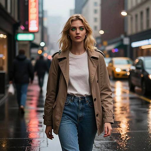 Photograph of a blonde woman with green eye makeup, wearing a brown jacket and high-waisted jeans, walking on a rainy city street at night