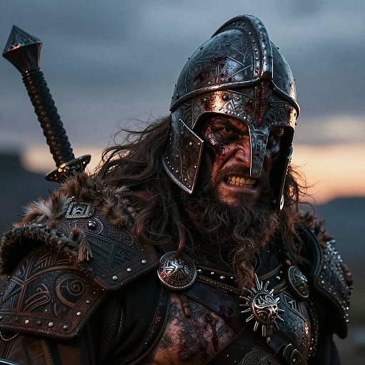 Photograph of a fierce Viking warrior with long hair, wearing a reflective metal helmet, fur-lined armor, and a sword on his back, against a