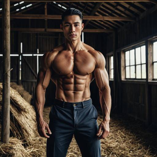 Lean Muscular East Asian Man in Rustic Barn