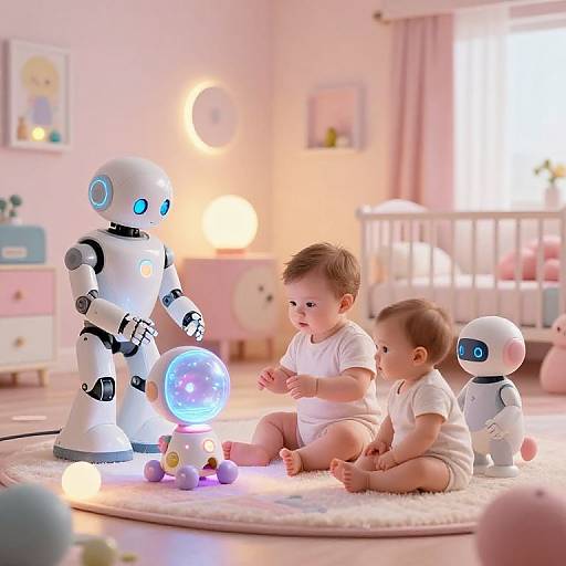 Photograph of two babies in white clothes, sitting on a pink rug in a brightly lit, pastel-colored nursery, interacting with three white, blue