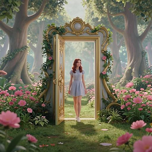 Photograph-like digital art: Red-haired woman in white dress stands in open, golden-framed doorway adorned with flowers, set in a lush, enchanted