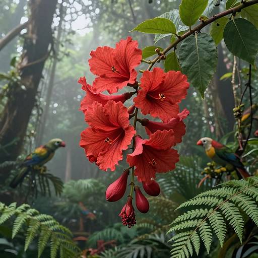 Photograph of vibrant red hibiscus flowers with green leaves in a lush, misty jungle, featuring colorful parrots perched on ferns