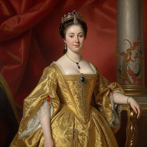18th-century portrait of a regal woman in a gold, embroidered gown with puffed sleeves, pearl necklace, tiara, and red drap