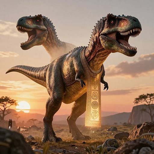 Photorealistic CGI of two roaring, textured, dark green velociraptors with ancient Egyptian necklaces, standing in a sunlit, rocky savanna
