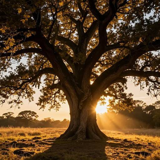 Photograph of a large, ancient tree with thick branches silhouetted against a radiant golden sunset, sunlight streaming through its leaves, casting long shadows