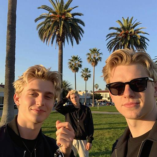 Young Men in Palm Tree Park at Sunset