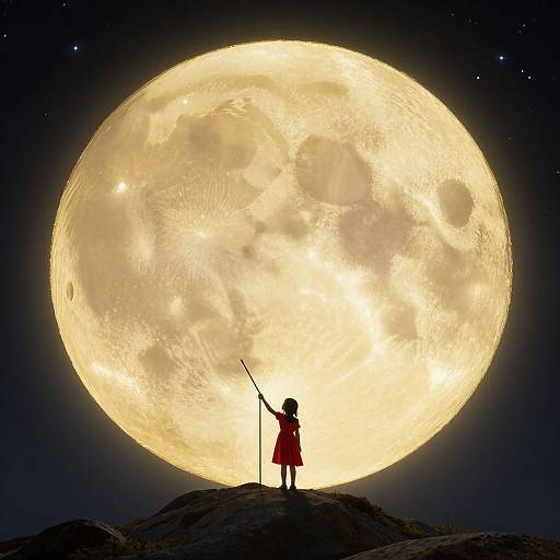 Silhouetted child in red dress stands on rocky hill, pointing at enormous, glowing full moon in night sky. Digital art.