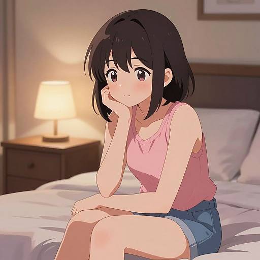 Anime-style digital drawing of a cute, black-haired girl in a pink tank top and blue shorts, sitting on a bed in a softly lit bedroom.