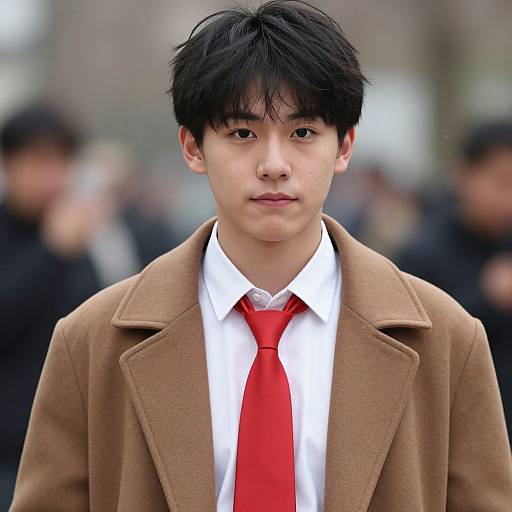 Photograph of an Asian young man with black, slightly messy hair, wearing a white shirt, bright red tie, and tan coat, standing in a