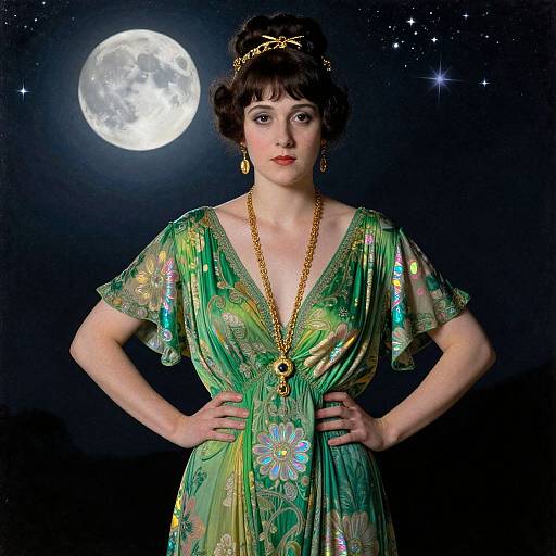 Vintage-style photograph of a fair-skinned woman with dark hair in an updo, wearing a green floral dress, gold necklace, and earrings, standing