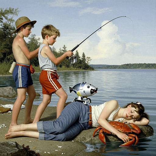 Photograph of two shirtless boys fishing by a lake, one standing, one kneeling, while a sleeping woman in jeans rests beside them.