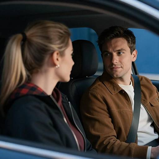 Man and Woman in Blue Car Interior