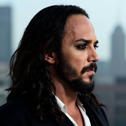 Photograph of a serious, bearded man with long dark hair, wearing a black jacket over a white shirt, against a blurred cityscape background.