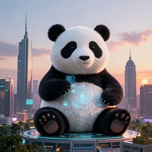 Futuristic Panda Hologram in Cityscape