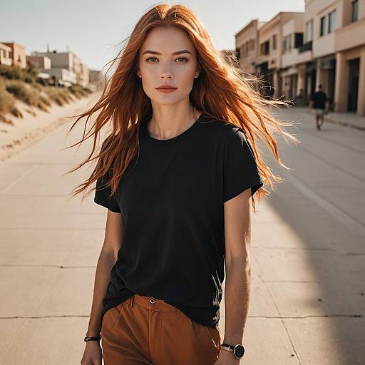 Young Woman with Copper Hair on Sunlit Street