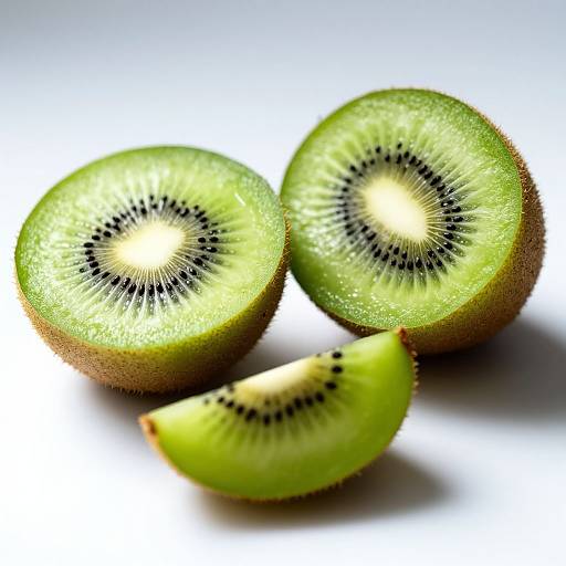 Close-up photograph of three kiwi fruit slices, showing vibrant green flesh with black seeds and fuzzy brown skins, against a white background.