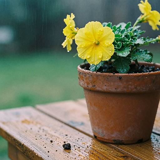 Photograph of a small, weathered terracotta pot with vibrant yellow marigold flowers, wet from raindrops, on a wooden table in