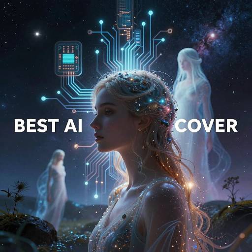 Digital artwork of a glowing, ethereal blonde woman with cybernetic headgear, surrounded by holographic figures in a starry night sky. Text