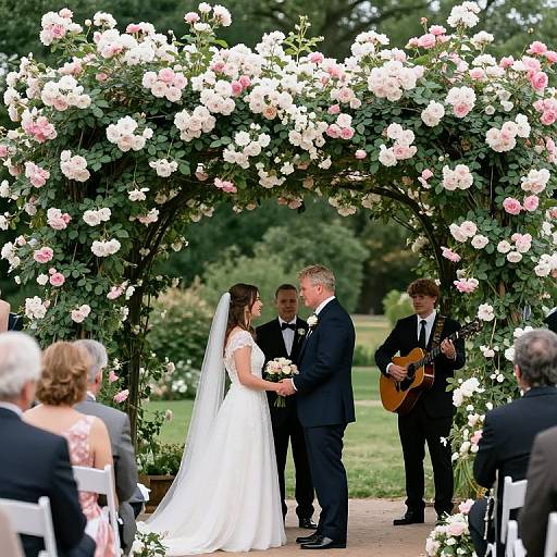 Photograph of a wedding ceremony under a floral arch with pink and white roses, bride in white gown, groom in black suit, guitarist, and offic