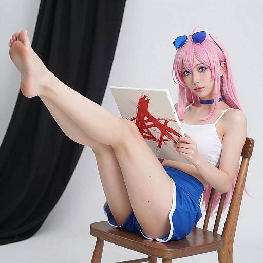 Pink-Haired Anime Girl with Abstract Painting